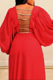 Red Casual Solid Backless O Neck Waist Skirt Plus Size Dresses