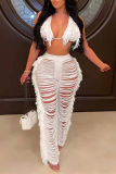 White Sexy Solid Tassel Ripped Bandage Backless Halter Sleeveless Two Pieces