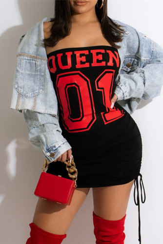 Black Fashion Sexy Print Draw String Frenulum Backless Strapless Sleeveless Dress