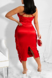 Red Sexy Solid Tassel Hollowed Out Patchwork Asymmetrical Halter One Step Skirt Dresses