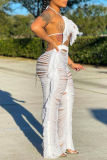 White Sexy Solid Tassel Ripped Bandage Backless Halter Sleeveless Two Pieces