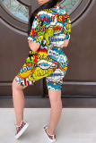 Multicolor Fashion Casual Print Basic O Neck Short Sleeve Two Pieces