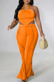 Tangerine Red Sexy Solid Patchwork Backless Asymmetrical Halter Plus Size Two Pieces