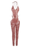 Silver Sexy Solid Hollowed Out Patchwork Frenulum Backless Asymmetrical Halter Regular Jumpsuits
