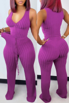 Fuchsia Sexy Casual Solid Draw String Frenulum V Neck Sleeveless Two Pieces