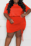 Tangerine Red Casual Solid Patchwork Draw String Fold O Neck Pencil Skirt Plus Size Two Pieces