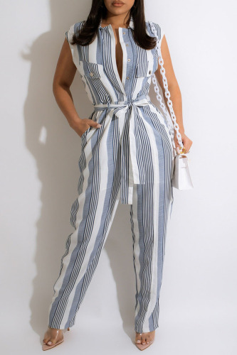 Blue Casual Striped Print Patchwork Buckle With Belt Straight Jumpsuits