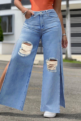 Medium Blue Fashion Casual Solid Ripped Slit High Waist Regular Denim Jeans
