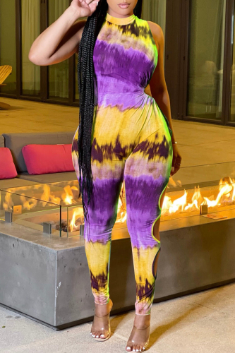 Yellow Purple Fashion Sexy Print Bandage Hollowed Out Half A Turtleneck Skinny Jumpsuits