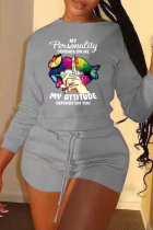 Grey Fashion Casual Print Basic O Neck Long Sleeve Two Pieces