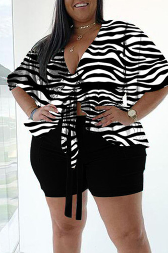 Zebra Sexy Print Bandage Patchwork Asymmetrical V Neck Plus Size Two Pieces