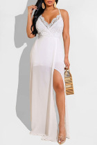 White Sexy Solid Patchwork Spaghetti Strap Sling Dress Dresses