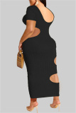 Black Fashion Sexy Solid Hollowed Out O Neck Short Sleeve Dress
