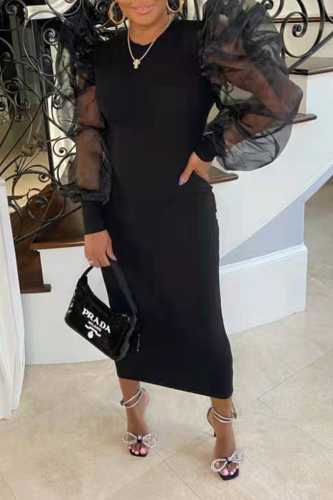 Black Casual Solid Mesh O Neck Pencil Skirt Dresses