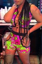 Green Fashion Sexy Print Hollowed Out V Neck Sleeveless Two Pieces