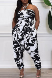 Black White Casual Print Bandage Backless Strapless Plus Size Jumpsuits