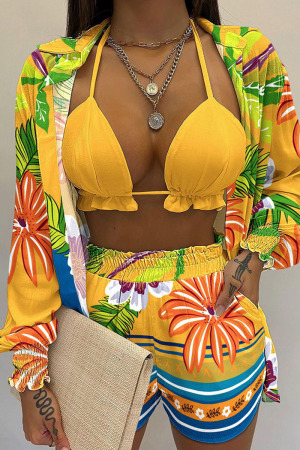 Orange Yellow Sexy Print Patchwork Turndown Collar Long Sleeve Three Pieces