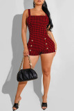 Red Sexy Print Patchwork Spaghetti Strap Regular Rompers
