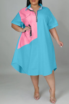 Light Blue Casual Solid Patchwork Zipper Collar Straight Plus Size Dresses