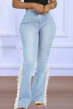 Blue Fashion Casual Solid Tassel Patchwork Slit High Waist Regular Denim Jeans