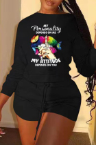 Black Fashion Casual Print Basic O Neck Long Sleeve Two Pieces
