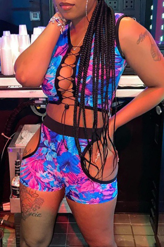 Blue Fashion Sexy Print Hollowed Out V Neck Sleeveless Two Pieces