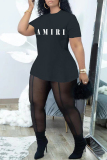 Black Fashion Casual Letter Print See-through O Neck Short Sleeve Two Pieces