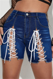 Deep Blue Fashion Casual Solid Bandage High Waist Skinny Denim Shorts
