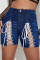 Deep Blue Fashion Casual Solid Bandage High Waist Skinny Denim Shorts