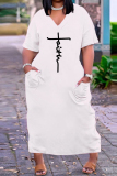Black White Fashion Casual Plus Size Print Basic V Neck Short Sleeve Dress