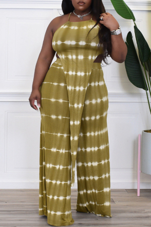Army Green Sexy Casual Print Backless Asymmetrical O Neck Plus Size Two Pieces