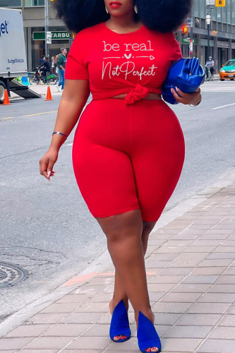 Red Fashion Casual Print Basic O Neck Plus Size Two Pieces