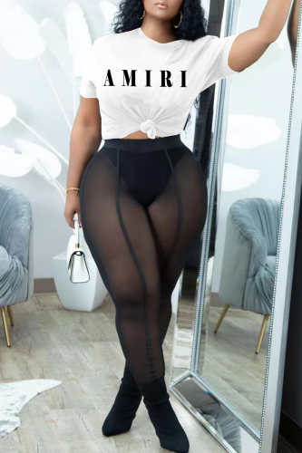 White Fashion Casual Letter Print See-through O Neck Short Sleeve Two Pieces
