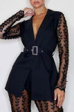 Black Sexy Solid Patchwork See-through Turn-back Collar Long Sleeve Two Pieces