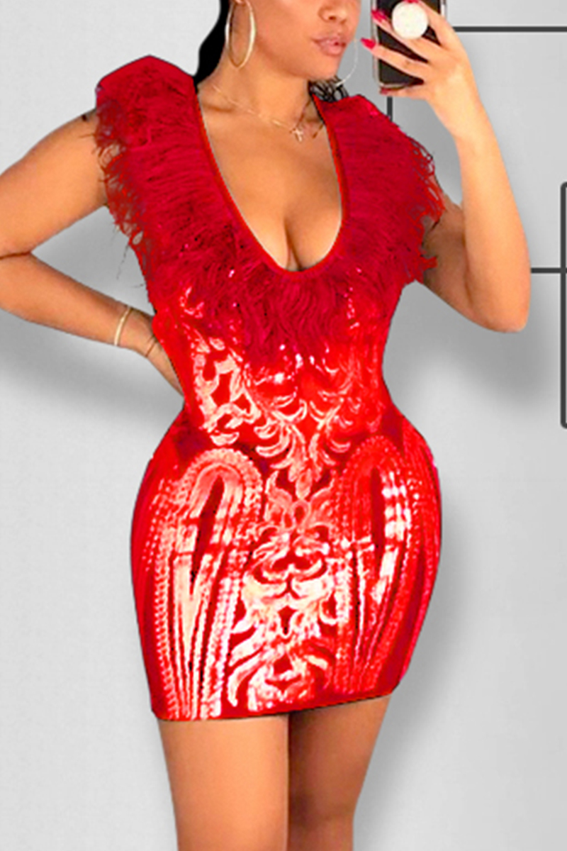 

Red Sexy Feather Stitching Sleeveless Dress