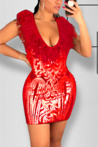 Red Sexy Feather Stitching Sleeveless Dress