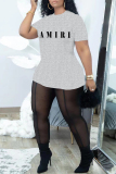 Grey Fashion Casual Letter Print See-through O Neck Short Sleeve Two Pieces