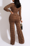 Brown Fashion Casual Print Patchwork Zipper Collar Straight Jumpsuits