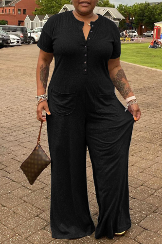 Black Fashion Casual Solid Patchwork V Neck Plus Size Jumpsuits