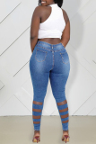 Medium Blue Fashion Sexy Solid Ripped High Waist Skinny Denim Jeans