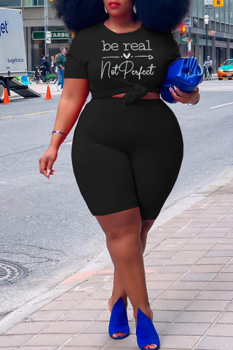 Black Fashion Casual Print Basic O Neck Plus Size Two Pieces