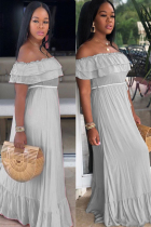 Grey Sexy Fashion Off The Shoulder Short Sleeves One word collar Step Skirt Floor-Length Solid