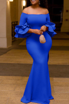 Blue Sexy Casual Solid Backless Slit Off the Shoulder One Step Skirt Dresses