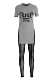 Grey Fashion Casual Letter Print See-through Slit O Neck Short Sleeve Two Pieces