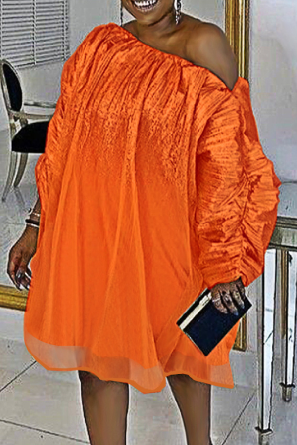 Orange Casual Solid Patchwork One Shoulder Straight Dresses