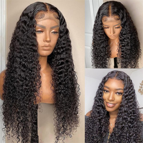 Black Fashion Casual Lace Water Deep Wave Lace Closure Wigs Middle Part Wet and Wavy Wigs