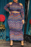Colour Fashion Casual Print Hollowed Out O Neck Plus Size Two Pieces
