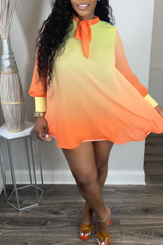 Tangerine Red Casual Print Bandage Patchwork O Neck Straight Dresses