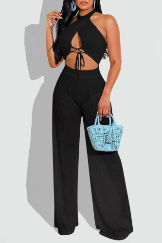 Black Sexy Solid Bandage Patchwork See-through Halter Sleeveless Two Pieces