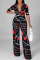 Black Casual Print Patchwork V Neck Straight Jumpsuits